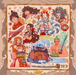4boys 4girls albabg arm_tattoo armlet border bow bracelet brother_and_sister brown_eyes brown_hair commentary commentary_request cow_horns cropped_head cropped_legs cropped_shoulders cropped_torso dango daruma_doll earrings eel english_commentary father_and_daughter fish floral_print floral_print_kimono flying_fish food green_hair hair_bow hair_ornament hair_stick hat hat_on_back holding holding_sword holding_weapon horns japanese_clothes jewelry kaidou_(one_piece) kimono kouzuki_hiyori kouzuki_momonosuke liquid_weapon long_hair low_ponytail monkey_d._luffy multicolored_hair multiple_boys multiple_girls muscular muscular_male nail_polish nami_(one_piece) nami_(one_piece)_(onigashima) nico_robin nico_robin_(onigashima) one_piece orange_hair ornate_border parted_bangs pectorals petals ponytail print_kimono red_kimono roronoa_zoro scar scar_across_eye scar_on_chest scar_on_face short_hair siblings single_earring sleeveless sleeveless_kimono sparkle star_(symbol) straw_hat sword tattoo toon_(style) topless_male wagashi waves weapon white_hair white_kimono wispy_bangs yamato_(one_piece)