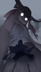  2girls absurdres bare_shoulders blank_eyes brown_horns chinese_commentary commentary_request detached_sleeves from_behind from_below giant giantess glowing glowing_eyes gohei grey_hair grey_skirt highres holding holding_gohei horn_ornament horn_ribbon horns ibuki_suika kochiya_sanae long_hair multiple_girls no_mouth oni pink_hair ribbon shirt skirt sleeveless sleeveless_shirt standing touhou wb_yimo white_shirt 