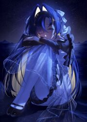  1girl ;) absurdres apron arms_on_knees black_dress black_hairband black_shoes blonde_hair blue_eyes blue_hair colored_inner_hair dark dress frilled_apron frills full_body hair_intakes hair_ornament hairband highres ir0_0616 juliet_sleeves knees_to_chest long_hair long_sleeves looking_at_viewer mary_janes moonlight mountainous_horizon multicolored_hair on_ground one_eye_closed outdoors pantyhose puffy_sleeves reverse:1999 school_uniform shoes shooting_star short_dress sitting sky smile solo soviet_school_uniform star_(sky) star_(symbol) star_hair_ornament starry_sky very_long_hair voyager_(reverse:1999) watermark white_apron white_pantyhose 