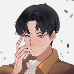  1boy black_hair brown_jacket eren_yeager hand_on_own_head highres jacket leaf male_focus open_clothes open_jacket portrait shingeki_no_kyojin shirt short_hair solo white_background white_shirt yinggu 