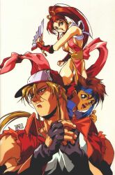1990s_(style) 1992 1girl 2boys adjusting_clothes adjusting_gloves age_difference bandana baseball_cap battle_fighters_garou_densetsu blonde_hair brown_hair fatal_fury fatal_fury_2:_the_new_battle fingerless_gloves folding_fan gloves hand_fan hat holding holding_fan metal_plate multiple_boys muscular muscular_male ninja oobari_masami pants ponytail retro_artstyle shiranui_mai snk terry_bogard thumbs_up tony_(fatal_fury) torn_clothes torn_pants torn_sleeves