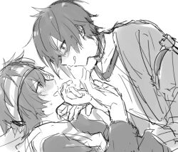2boys amai_kuro black_hair blush glasses greyscale idolmaster idolmaster_side-m iseya_shiki long_sleeves lying male_focus monochrome multiple_boys on_back short_hair smirk sweatband tongue tongue_out wakazato_haruna white_background yaoi rating:Questionable score:2 user:danbooru