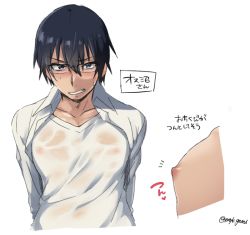 10s 1boy bad_id bad_pixiv_id black_hair blue_eyes blush boku_dake_ga_inai_machi clenched_teeth collarbone covered_erect_nipples fujinuma_satoru glasses ikeshita_moyuko looking_at_viewer male_focus multiple_views nipples open_clothes open_shirt shirt simple_background sweat teeth upper_body wet wet_clothes wet_shirt wet_shirt rating:Questionable score:10 user:harucho
