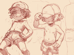  1girl 2equal8 arm_up armpits bare_legs baseball_cap blush breasts buttercup_(ppg) crossdressing exhibitionism female_focus flat_chest hat highres loli looking_at_viewer male_swimwear male_swimwear_challenge matsubara_kaoru monochrome navel nipples powerpuff_girls_z public_indecency pussy pussy_peek short_hair small_breasts spread_legs standing steam stomach swim_trunks swimsuit tagme tomboy topfreedom topless_female upshorts wet wet_clothes wet_male_swimwear wet_swimsuit 
