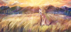  1boy 1girl argyle_clothes artist_request black_pants blonde_hair brown_hair casual closed_eyes cloud dress game_cg hug katawa_shoujo long_hair mountainous_horizon nakai_hisao non-web_source official_alternate_costume official_art orange_sky outdoors pants ponytail satou_lilly scenery shirt short_hair short_sleeves sky standing wheat_field windmill 