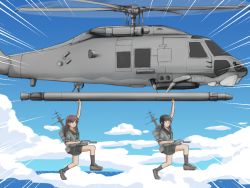  aircraft anatamo bad_id bad_pixiv_id black_hair blunt_bangs braid brown_hair contra contra_iii_the_alien_wars helicopter hime_cut kantai_collection kitakami_(kancolle) long_hair multiple_girls neckerchief ooi_(kancolle) parody rigging school_uniform serafuku single_braid weapon 