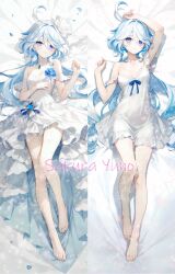  1girl arm_up bare_shoulders barefoot bed_sheet blue_eyes blue_flower blue_hair blush bow breasts closed_mouth commentary_request dakimakura_(medium) dress drop-shaped_pupils flower furina_(genshin_impact) genshin_impact hair_between_eyes hair_bow hair_flower hair_ornament hand_up heterochromia highres light_smile long_hair looking_at_viewer lying medium_breasts multicolored_hair multiple_views on_back revision single_bare_shoulder single_off_shoulder sleeveless sleeveless_dress strapless strapless_dress streaked_hair symbol-shaped_pupils very_long_hair white_bow white_dress white_flower white_hair yutian_alice 