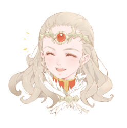  1girl anlucea blonde_hair blush closed_eyes commentary_request dragon_quest dragon_quest_x facing_to_the_side fur_trim gem hair_behind_ear hair_slicked_back high_collar kosuga_kumi long_hair mole mole_under_mouth notice_lines open_mouth portrait red_gemstone simple_background smile solo tiara upper_body white_background 