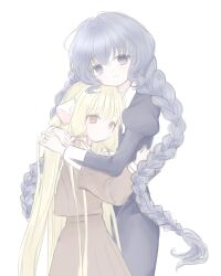  2girls black_dress blonde_hair blouse blue_eyes blue_hair braid brown_eyes brown_shirt brown_skirt chii chobits closed_mouth cowboy_shot dress expressionless highres juliet_sleeves light_smile long_hair long_sleeves looking_ahead looking_at_viewer low_twintails mipi_(u3u_00) multiple_girls persocom puffy_sleeves robot_ears robot_girl school_uniform shirt simple_background sketch skirt standing twin_braids twintails very_long_hair white_background yuzuki_(chobits) 
