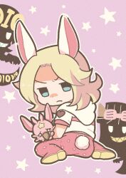  1other 3boys absurdres animal_ears blonde_hair blue_eyes chibi chibi_only colored_skin commentary diego_brando dinosaur_tail goggles goggles_on_headwear gold_teeth grin heart_ornament helmet highres hood hood_down hoodie johnny_joestar jojo_no_kimyou_na_bouken kemonomimi_mode long_hair looking_back m_a_a_m_8 male_focus medium_hair multiple_boys no_headwear pants pink_background pink_pants pink_skin pink_sleeves rabbit_ears rabbit_tail scary_monsters_(stand) sharp_teeth short_sleeves silhouette sitting smile soles stand_(jojo) star_(symbol) star_print steel_ball_run symbol-only_commentary tail teeth tusk_(stand) tusk_act1 two-tone_sleeves wariza white_hoodie white_sleeves 