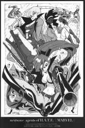  2boys 3girls aaron_stack absurdres elsa_bloodstone greyscale highres imaishi_hiroyuki marvel monica_rambeau monochrome multiple_boys multiple_girls nextwave:_agents_of_h.a.t.e. nextwave_agents_of_h.a.t.e. tabitha_smith the_captain 
