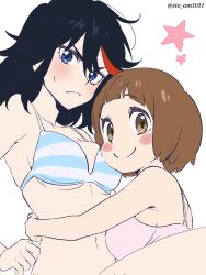  2girls bare_shoulders black_hair blue_eyes blush bob_cut breasts brown_hair cleavage highres kill_la_kill looking_at_viewer mankanshoku_mako matoi_ryuuko medium_breasts medium_hair multicolored_hair multiple_girls navel sisi_am1011 star_(symbol) streaked_hair twitter_username underwear upper_body white_background 