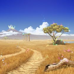  10s baobab blue_sky bus cloud day dirt_road grass highres japari_bus kemono_friends key_visual landscape motor_vehicle mountain no_humans oasis official_art promotional_art road sandstar savannah shiromizu_yuuko sky trail tree volcano  rating:General score:5 user:2hu4u