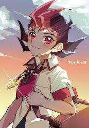  1boy bag black_hair brown_bag closed_mouth cloud collared_shirt glint hashtag-only_commentary jewelry kuroda_(kuro_yyy) male_focus necklace necktie pink_eyes pink_hair red_necktie red_trim shirt short_hair short_sleeves shoulder_bag sky smile solo spiked_hair standing sunset tsukumo_yuma upper_body white_shirt yu-gi-oh! yu-gi-oh!_zexal 