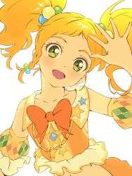 1girl :d aikatsu!_(series) aikatsu_stars! blonde_hair braid commentary detached_sleeves green_eyes hair_bobbles hair_ornament hand_up hashtag-only_commentary highres idol_clothes long_hair looking_at_viewer nikaido_yuzu open_hand open_mouth orange_shirt puffy_detached_sleeves puffy_sleeves semham shirt side_braid simple_background smile solo star_(symbol) twintails upper_body waving white_background rating:General score:2 user:danbooru