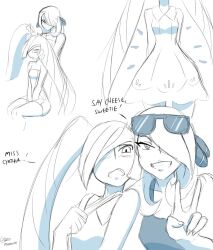  2017 2girls cynthia_(pokemon) dress english_text greyscale long_hair looking_at_viewer lusamine_(pokemon) monochrome multiple_girls nintendo pokemon pokemon_dppt pokemon_sm sunglasses sunglasses_on_head v zeromomentai 
