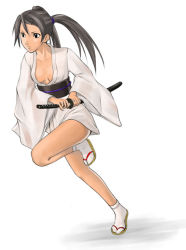  1girl breasts cleavage female_focus japanese_clothes katana kimono legs obi oboro_(squeeze) original running sandals sash short_kimono solo sword tabi twintails weapon yukata zori zouri 
