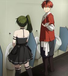  1boy 1girl arm_strap armlet artist_name bandaged_arm bandages black_dress black_pants commentary contemporary dress from_behind green_hair highres indoors inkspirate jacket jewelry long_hair pants photo_background pleated_dress public_restroom red_eyes red_hair red_jacket short_hair side_ponytail sousou_no_frieren standing stark_(sousou_no_frieren) suspenders_hanging thigh_strap twitter_username twitter_x_logo ubel_(sousou_no_frieren) urinal 