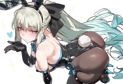 1girl absurdres animal_ears ass black_bow black_gloves black_leotard blowing_kiss blue_eyes blush bow braid breasts brown_pantyhose detached_collar ebora elbow_gloves fake_animal_ears fake_tail fate/grand_order fate_(series) gloves grey_hair hair_bow high_heels highleg highleg_leotard highres large_breasts leotard long_hair looking_at_viewer morgan_le_fay_(fate) pantyhose playboy_bunny ponytail rabbit_ears rabbit_tail sidelocks solo tail very_long_hair 