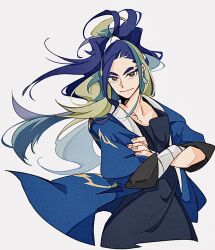  1boy adaman_(pokemon) arm_wrap blonde_hair blue_coat blue_hair brown_eyes closed_mouth coat cocoa_s3 collarbone diamond_clan_outfit earrings eyebrow_cut green_hair hand_wraps highres jewelry male_focus multicolored_hair nintendo pokemon pokemon_legends:_arceus ponytail shirt simple_background smile 