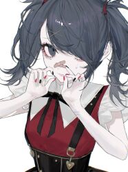  1girl ame-chan_(needy_girl_overdose) bags_under_eyes bandaid bandaid_on_face black_eyes black_hair black_nails black_ribbon collared_shirt commentary_request cowboy_shot crying crying_with_eyes_open hair_ornament hair_over_one_eye hands_up highres long_hair looking_at_viewer makeup mimimi3039 nail_polish neck_ribbon needy_girl_overdose red_nails red_shirt ribbon self-harm_scar shirt simple_background skirt solo suspender_skirt suspenders tear_bag_makeup tears twintails white_background x_hair_ornament 