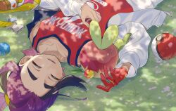  1boy :d absurdres applin berry_(pokemon) candy_wrapper closed_eyes collarbone commentary_request creatures_(company) day game_freak gen_8_pokemon gloves grass happy highres jacket kieran_(pokemon) lower_teeth_only lying male_focus multicolored_hair nintendo on_back open_clothes open_jacket open_mouth oran_berry outdoors petals poke_ball poke_ball_(basic) pokemon pokemon_(creature) pokemon_sv purple_hair rare_candy red_gloves red_shirt shadow shirt single_glove sleeveless sleeveless_shirt smile teeth two-tone_hair white_jacket yupiteru 