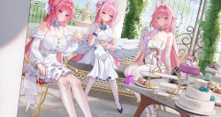  3girls absurdres angel_wings aqua_flower bare_shoulders blue_archive blue_bow blue_bowtie blue_shoes blush bottle bow bowtie breasts cake cake_stand capelet chair choker cleavage closed_mouth color_connection commentary covered_navel cross crossover cup day detached_sleeves doro_(nikke) dorothy_(nikke) dress elysia_(herrscher_of_human:_ego)_(honkai_impact) elysia_(honkai_impact) english_commentary feathered_wings flower food fork fountain frilled_choker frills garden goddess_of_victory:_nikke grin hair_bun hair_color_connection hair_flower hair_ornament hair_ribbon high_heels highres holding holding_cup holding_fork holding_plate honkai_(series) honkai_impact_3rd large_breasts layered_dress long_hair low_wings mika_(blue_archive) mug multiple_girls neck_ribbon pantyhose pink_hair pink_pupils plant plate purple_eyes purple_flower purple_ribbon ribbon salute shitsurakuen_(paradise_lost) shoes single_side_bun sitting smile strapless strapless_dress swept_bangs swiss_roll table thighhighs thighs tiered_tray white_capelet white_choker white_dress white_pantyhose white_ribbon white_sleeves white_thighhighs white_wings wings yellow_eyes 