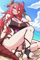  1girl adjusting_hair beach blue_sky bracelet breasts choker cleavage cloud day dragalia_lost dragon_horns dryegen feet flower full_body hair_between_eyes hair_flower hair_ornament halterneck highres horns jewelry large_breasts long_hair looking_at_viewer messy_hair mym_(dragalia_lost) ocean one-piece_swimsuit outdoors red_hair sand sidelocks sitting sky smile solo swimsuit yellow_eyes 
