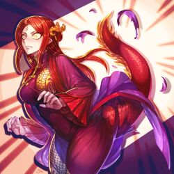  1girl border breasts china_dress chinese_clothes coat commentary_request covered_navel cowboy_shot dragon_girl dragon_tail dress emphasis_lines facial_mark forehead_mark furrification furry genderswap genderswap_(mtf) hair_ornament hua_zhuotian_(shinku_castle) large_breasts long_hair monster_girl original pointy_ears purple_border purple_coat red_dress red_hair red_scales red_tail shinku_castle solo surprised tail torn_clothes torn_dress transformation white_background wide-eyed yellow_eyes 