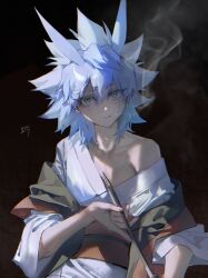  1boy alien_888 antenna_hair baggy_clothes black_background blue_eyes blue_hair facial_mark facing_viewer hand_on_own_thigh highres holding holding_smoking_pipe japanese_clothes kimono looking_to_the_side male_focus off_shoulder red_ribbon ribbon single_bare_shoulder sleeves_rolled_up smoke smoking smoking_pipe spiked_hair upper_body white_kimono yu-gi-oh! yu-gi-oh!_go_rush!! yudias_velgear 