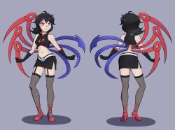  1girl alternate_costume asymmetrical_wings back bare_shoulders belt black_gloves black_hair black_shirt black_skirt black_thighhighs blue_trim blue_wings boots breasts closed_mouth commentary commentary_request crop_top elbow_gloves english_commentary fang from_behind full_body garter_straps gloves grey_background high_heels highres houjuu_nue long_hair looking_at_viewer medium_breasts miniskirt mixed-language_commentary multiple_views navel red_boots red_eyes red_trim red_wings shirt side_slit skirt sleeveless sleeveless_shirt smile solo standing stomach superchrim thighhighs thighs touhou two-tone_wings undefined_fantastic_object white_belt wings 