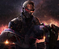  1boy 1girl blood carrying d.va_(overwatch) death fire highres overwatch overwatch_1 soldier:_76_(overwatch) visor  rating:Sensitive score:11 user:Lazarus089