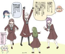  6+girls :d :o aqua_neckerchief arms_up black_pantyhose black_shoes blonde_hair blue_hair blue_ribbon brown_dress brown_hair brown_shoes chibi chibi_inset claw_pose closed_eyes colored_speech_bubble commentary_request diagonal_bangs dress flower fujishima_megumi green_hair hair_bun hair_flower hair_ornament hair_ribbon hasu_no_sora_school_uniform head_only highres hinoshita_kaho jitome jurassic_world kneehighs link!_like!_love_live! loafers long_hair long_sleeves love_live! low_twintails medium_dress meme multicolored_hair multiple_girls murano_sayaka neckerchief no_eyes ogami_sachi open_mouth orange_hair osawa_rurino otomune_kozue outstretched_arms pantyhose parody pink_flower pleated_dress prattkeeping_(meme) purple_hair rabbit_hair_ornament red_hair ribbon sailor_collar sailor_dress school_uniform shoes short_hair side_ponytail sidelocks simple_background single_side_bun smile socks speech_bubble spread_arms standing star_(symbol) star_hair_ornament streaked_hair tetetsu translation_request twintails two_side_up v-shaped_eyebrows virtual_youtuber white_background white_hair white_sailor_collar white_socks winter_uniform yugiri_tsuzuri 