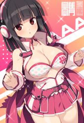  1girl beatmania_(series) beatmania_iidx beatmania_iidx_32_pinky_crush bemani bikini bikini_top_only black_hair blunt_bangs bow breasts brown_hair cleavage commentary_request detached_sleeves headphones highres hinazuki_ririna jacket kinoshita_ichi large_breasts looking_at_viewer open_clothes open_jacket pink_skirt short_hair skirt solo sparkle standing swimsuit 