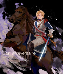  1boy absurdres armor axis_powers_hetalia blonde_hair blue_eyes boots bow breastplate brown_horse cavalry cubed_(houkuaid) dated epaulettes facial_hair france_(hetalia) french_army french_text full_body gloves goatee_stubble hair_bow highres holding holding_sword holding_weapon horse horseback_riding jacket looking_at_viewer male_focus military_jacket military_uniform open_mouth pants rapier rearing reins riding sash sitting smile solo stirrups_(riding) stubble sword weapon 
