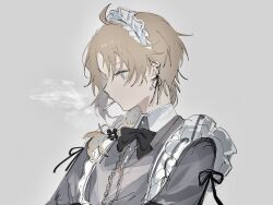  1boy apron black_bow black_bowtie bow bowtie braid brown_hair cigarette collared_dress crossdressing dress ear_piercing earrings grey_background grey_dress grey_eyes highres jewelry kanae_(20th_costume)_(nijisanji) kanae_(nijisanji) long_sleeves looking_down maid maid_apron maid_headdress male_focus male_maid medium_hair mouth_hold necklace nijisanji nokoru_sora official_alternate_costume piercing ribbon simple_background single_braid sketch smoke smoking solo upper_body virtual_youtuber white_apron 