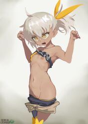  1girl absurdres ahoge artist_name bandeau bare_shoulders black_bandeau black_thighhighs breasts brown_shorts cerealxs cleft_of_venus clothes_pull collarbone commentary_request cowboy_shot dark-skinned_female dark_skin fang girls&#039;_frontline green_eyes grey_hair hair_between_eyes hair_ornament hair_ribbon hands_up highres klin_(girls&#039;_frontline) letter_hair_ornament loli navel nipples open_clothes open_mouth open_shorts ponytail pussy ribbon short_hair shorts shorts_pull simple_background single_thighhigh small_breasts solo teeth thighhighs uncensored v-shaped_eyebrows variant_set yellow_pupils yellow_ribbon 