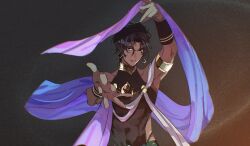 1boy arjuna_(fgo_fes._2025)_(fate) black_eyes black_hair covered_navel dark-skinned_male dark_skin earrings fate/grand_order fate_(series) gold_armlet halter_shirt halterneck highres hoop_earrings jewelry koroponsu3 looking_at_viewer male_focus necklace parted_bangs purple_sash sash shawl sleeveless smile solo toned toned_male upper_body wavy_hair 