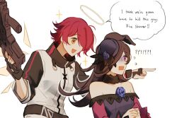  !? 2girls :d animal_ears arknights black_gloves blue_flower blue_rose brown_eyes brown_hair commentary crossover dress english_commentary exusiai_(arknights) fingerless_gloves flower gloves gun hair_over_one_eye halo hat highres holding holding_gun holding_weapon horse_ears horse_girl i_think_we&#039;re_gonna_have_to_kill_this_guy_steven_(meme) iwami_manaka long_hair long_sleeves meme multiple_girls open_mouth pointing pointing_forward purple_eyes rectangular_mouth red_hair rice_shower_(umamusume) rose short_hair simple_background smile strapless strapless_dress umamusume upper_body voice_actor_connection weapon white_background ylceon 