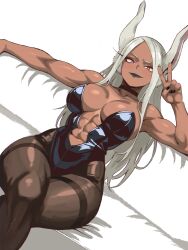  1girl abs alternate_costume animal_ears bare_arms bare_shoulders black_choker black_leotard black_lips black_nails boku_no_hero_academia breasts bright_pupils center_opening choker cleavage collarbone commentary crossed_legs dark-skinned_female dark_skin english_commentary enji_masterpie hand_up highleg highleg_leotard highres large_breasts leotard long_eyelashes long_hair looking_at_viewer mirko muscular muscular_female nail_polish navel pantyhose parted_bangs rabbit_ears rabbit_girl red_eyes sitting smile solo strapless strapless_leotard thick_thighs thighband_pantyhose thighs toned toned_female v very_long_hair white_hair white_pupils 