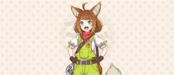  1girl :3 ahoge animal_ear_fluff animal_ears bandana bandana_around_neck belt belt_buckle brown_belt brown_gloves brown_hair buckle child cowboy_shot fang game_cg gloves green_eyes green_overalls hands_on_own_hips highres kono_subarashii_sekai_ni_shukufuku_wo! konosuba!_fantastic_days light_blush looking_at_viewer medium_hair miia_(konosuba) official_art open_mouth overalls patterned_background puffy_short_sleeves puffy_sleeves red_bandana ribbon ribbon-trimmed_sleeves ribbon_trim shirt short_sleeves sidelocks smile solo standing swept_bangs tachi-e tail white_shirt yellow_ribbon 