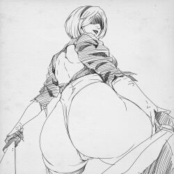  1girl 2b_(nier:automata) ass black_hairband blindfold breasts cameltoe closed_mouth from_behind from_below grabbing_own_breast hair_over_one_eye hairband high_heels huge_ass large_breasts leotard misaki_yukihiro nier:automata nier_(series) short_hair solo sword tagme thick_thighs thighhighs thighs weapon white_hair  rating:Sensitive score:16 user:JoshkLmi