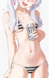  1girl areola_slip bare_shoulders bikini blush breasts can collarbone commentary drink_can earrings elf energy_drink english_commentary female_pubic_hair frieren grey_hair highres holding holding_can jewelry long_hair monster_energy navel open_mouth pointy_ears pubic_hair pubic_hair_peek side-tie_bikini_bottom simple_background small_breasts smile solo sousou_no_frieren striped_bikini striped_clothes sweat swimsuit thighs twintails underboob waligner white_background 