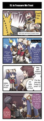 1boy 1girl 4koma :d :o afterimage ahoge alternate_language artist_request belt bow brown_hair clenched_hand comic english_text closed_eyes fang gloves hair_ornament hard-translated hat highres human_(totomono) index_finger_raised jitome ken_to_mahou_to_gakuen_mono khulaz long_hair looking_down motion_lines official_art one_eye_closed open_mouth pleated_skirt pointing school_uniform skirt smile speech_bubble standing star_(symbol) sweatdrop talking third-party_edit translated treasure_chest twintails waving wink rating:Sensitive score:0 user:danbooru