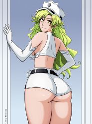  1girl absurdres ass ass_focus bleach blonde_hair candice_catnipp elbow_gloves female_focus gloves hat highres huge_ass matching_hair/eyes mistowing short_shorts shorts smile solo tagme twitter_username white_gloves white_hat white_shorts yellow_eyes  rating:Sensitive score:103 user:Ahegao_lmao