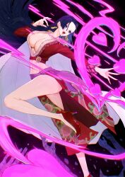  1girl absurdres attack boa_hancock breasts cape cleavage commentary_request devil_fruit_power earrings floating_hair high_heels highres jewelry large_breasts long_hair one_piece open_mouth plunging_neckline red_shoes sc_scandium shoes side_slit sidelocks snake_earrings solo white_cape 