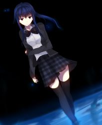  1girl absurdres akai_ringo_(eveyuno) artist_name bad_id bad_pixiv_id black_background black_serafuku black_thighhighs blazer blue_hair blurry bow bowtie crossed_legs dark_background dutch_angle female_focus frown full_body hair_ornament hair_ribbon highres holding_own_arm jacket light_particles lina_lesia long_hair long_sleeves looking_at_viewer looking_down open_clothes open_jacket original plaid_clothes plaid_skirt pleated_skirt ponytail red_eyes ribbon school_uniform serafuku shirt sidelocks simple_background skirt solo standing thighhighs tress_ribbon white_shirt zettai_ryouiki 