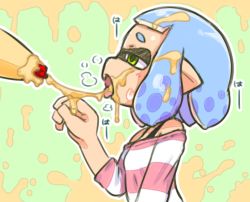 1girl blue_hair breath from_side green_background green_eyes half-closed_eyes hand_up highres ikaheigen inkling inkling_girl inkling_player_character light_blue_hair loli mayonnaise nintendo open_mouth outline pointy_ears sexually_suggestive shirt short_hair three-quarter_sleeves solo splatoon_(series) striped_clothes striped_shirt tentacle_hair tongue tongue_out white_outline rating:Questionable score:34 user:danbooru