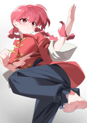  1girl absurdres barefoot black_pants breasts chinese_clothes clenched_hand commentary fighting_stance highres large_breasts long_hair looking_ahead multi-tied_hair pants ranma-chan ranma_1/2 red_eyes red_hair red_shirt shirt soles solo standing standing_on_one_leg toes torn_clothes torn_shirt underboob v-shaped_eyebrows very_long_hair wako_(1194433260) 
