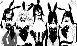  2channel 5girls absurdres alexandrina_sebastiane animal_ears bags_under_eyes bare_shoulders black_hair blunt_bangs borrowed_character bow bowtie breasts cleavage closed_mouth colored_inner_hair covered_navel detached_collar dress fake_animal_ears fake_tail ghost_girl glasgow_smile hair_between_eyes hair_over_one_eye hasshaku-sama height_difference highleg highleg_leotard highres huge_breasts jaggy_lines large_breasts leotard long_fingers long_hair long_hair_between_eyes looking_at_viewer lughost monochrome multicolored_hair multiple_girls noss_&amp;_zakuro noss_(rariatto) open_mouth original panty_&amp;_stocking_with_garterbelt pantyhose playboy_bunny purple_bow purple_bowtie purple_leotard rabbit_ears rabbit_tail simple_background size_difference small_breasts smile stocking_(psg) strapless strapless_leotard streaked_hair striped_clothes striped_leggings striped_thighhighs tail tall_female the_ring thighband_pantyhose thighhighs traditional_bowtie two-tone_hair vampire very_long_hair wavy_mouth white_hair wrist_cuffs yamamura_sadako zenless_zone_zero 